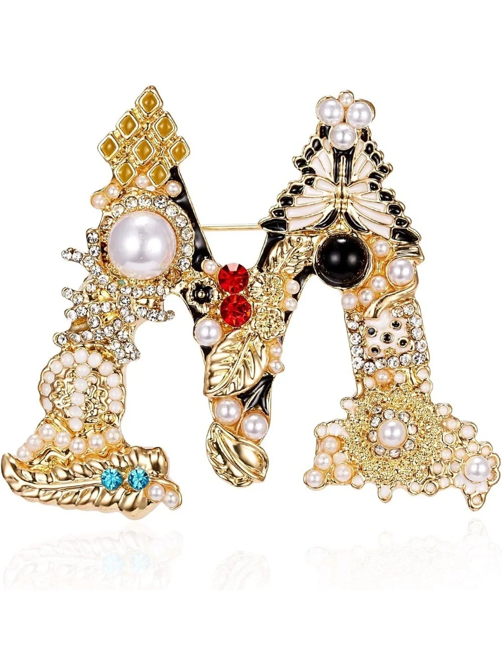 Anthropologie Gold 'M' Brooch with Pearls and Multicolor Crystals